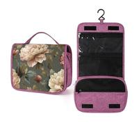Neceser de viaje con diseño de flor de peonía en color gris oliva para mujer, organizador de maquillaje colgante con gancho para champú