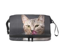 Neceser de viaje con diseño de gato que pega la lengua, de doble capa, para mujeres y niñas, bolsa organizadora de maquillaje con compartimento para cepillos, multicolor, 27x15x14 cm/10.6x5.9x5.5 in,