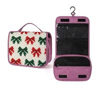Neceser de viaje con diseño de lazo rojo y verde en color crema para mujer, organizador de maquillaje colgante con gancho para champú