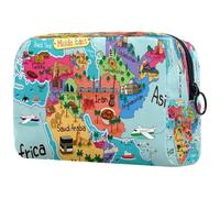 Neceser de viaje con diseño de mapa de países de Oriente Medio y dibujos animados para mujer, bolsa organizadora de maquillaje grande con cremallera, multicolor, 18.5x7.5x13cm/7.3x3x5.1in, Neceser