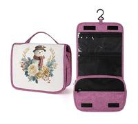 Neceser de viaje con diseño de muñeco de nieve, rosas doradas, bayas de acebo, para mujer, organizador de maquillaje colgante con gancho para champú