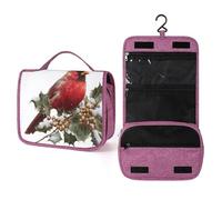 Neceser de viaje con diseño de pájaro rojo de Navidad en acuarela para mujer, organizador de maquillaje colgante con gancho para champú