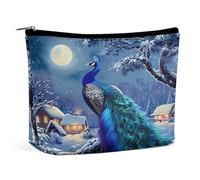 Neceser de viaje con diseño de pavo real, luna de invierno y pueblo nevado, organizador de artículos de aseo, estuche de cosméticos para mujer, regalos de cumpleaños para mamás, niñas, mujeres y herma