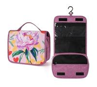 Neceser de viaje con diseño de peonía rosa para mujer, organizador de maquillaje colgante con gancho para champú