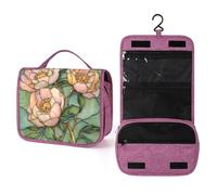 Neceser de viaje con diseño de peonía rosa pastel para mujer, organizador de maquillaje colgante con gancho para champú