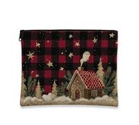 Neceser de viaje con diseño rústico de casa y estrellas para mujer, organizador portátil pequeño de lona con cremallera, neceser de vacaciones, Rojo -, 7x9 Inch, Casa