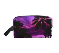 Neceser de viaje con estampado de puesta de sol morado con palmera para hombres, bolsa de cosméticos de gran capacidad para mujeres, White, Talla única