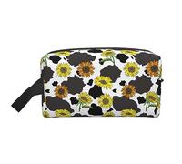 Neceser de viaje con estampado de vaca y girasoles, bolsa de maquillaje de viaje personalizada con estampado de vaca y girasoles, gran capacidad con cremallera, bolsa de aseo de viaje portátil de vari