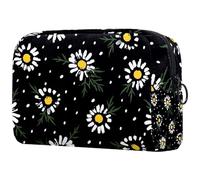 Neceser de viaje con estampado floral sobre negro de manzanilla para mujer, bolsa organizadora de maquillaje grande con cremallera, multicolor, 18.5x7.5x13cm/7.3x3x5.1in, Neceser