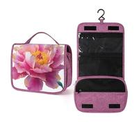 Neceser de viaje con flores de peonía rosa para mujer, organizador de maquillaje colgante con gancho para champú