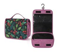 Neceser de viaje con hojas de acebo y bayas rojas para mujer, organizador de maquillaje colgante con gancho para champú