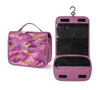 Neceser de viaje con patrón de camuflaje rosa, morado y dorado para mujer, organizador de maquillaje colgante con gancho para champú