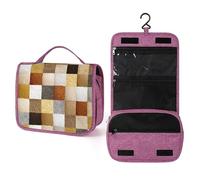 Neceser de viaje con patrón de cuadros beige dorado y marrón para mujer, organizador de maquillaje colgante con gancho para champú