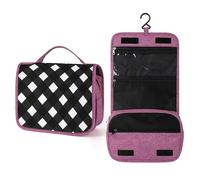 Neceser de viaje con patrón de cuadros blanco y negro para mujer, organizador de maquillaje colgante con gancho para champú