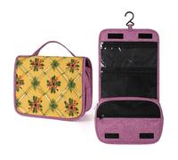 Neceser de viaje con patrón de cuadros de Navidad amarillo para mujer, organizador de maquillaje colgante con gancho para champú