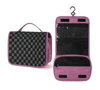Neceser de viaje con patrón de cuadros negro y gris para mujer, organizador de maquillaje colgante con gancho para champú