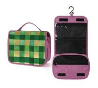 Neceser de viaje con patrón de cuadros verdes y dorados para mujer, organizador de maquillaje colgante con gancho para champú