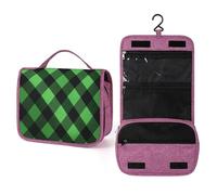 Neceser de viaje con patrón de cuadros verdes y negros para mujer, organizador de maquillaje colgante con gancho para champú