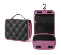 Neceser de viaje con patrón de cuero negro para mujer, organizador de maquillaje colgante con gancho para champú