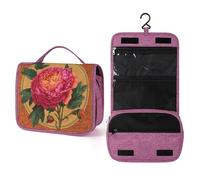 Neceser de viaje con pétalos de peonía rosa floral para mujer, organizador de maquillaje colgante con gancho para champú