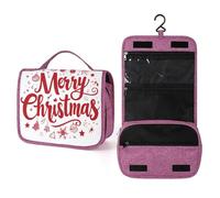 Neceser de viaje con texto en inglés "Merry Christmas", color rojo con remolinos para mujer, organizador de maquillaje colgante con gancho para champú