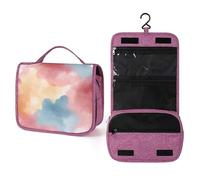 Neceser de viaje con textura de acuarela suave, azul, rojo, amarillo, para mujer, organizador de maquillaje colgante con gancho para champú