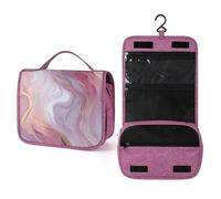 Neceser de viaje con textura de mármol rosa pastel con remolinos para mujer, organizador de maquillaje colgante con gancho para champú