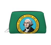 Neceser de viaje de cuero de primera calidad con estampado de la bandera de Washington con bolsa portátil impermeable abierta plana, Silver, Talla única