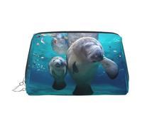 Neceser de viaje de cuero de primera calidad con estampado de manatíes de las Indias Occidentales con bolsa portátil impermeable abierta plana, Silver, Talla única