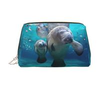 Neceser de viaje de cuero de primera calidad con estampado de manatíes de las Indias Occidentales con bolsa portátil impermeable abierta plana, Gold, Talla única