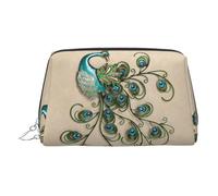 Neceser de viaje de cuero de primera calidad con estampado de pavo real con bolsa portátil impermeable abierta plana, Silver, Talla única