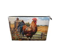Neceser de viaje de cuero dorado - Bolsa organizadora de maquillaje reutilizable con estampado de gallo sobre madera en tierras de cultivo - Bolsa de almacenamiento suave portátil, Gold, Talla única