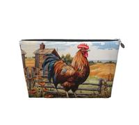 Neceser de viaje de cuero dorado - Bolsa organizadora de maquillaje reutilizable con estampado de gallo sobre madera en tierras de cultivo - Bolsa de almacenamiento suave portátil, Silver, Talla única