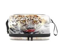 Neceser de viaje de doble capa con diseño de leopardo y lengua para mujeres y niñas, bolsa organizadora de maquillaje con compartimento para brochas, multicolor, 27x15x14 cm/10.6x5.9x5.5 in, Neceser