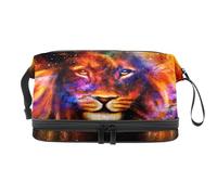 Neceser de viaje de doble capa con diseño de retrato de león en el espacio galaxia para mujeres y niñas, bolsa organizadora de maquillaje con compartimento para brochas, multicolor, 27x15x14