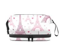 Neceser de viaje de doble capa con diseño de Torre Eifel de París con corazones, color rosa, para mujeres y niñas, neceser de viaje con compartimento para brochas, multicolor, 27x15x14 cm/10.6x5.9x5.5
