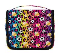 Neceser de viaje de leopardo colorido de fútbol para mujeres, hombres, niños, niñas, niños, trofeos de fútbol, bolsa de cosméticos, bolsa de aseo colgante, organizador de artículos de tocador, bolsa
