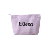 Neceser de viaje de maquillaje bordado personalizado de gran capacidad, personalizado con nombres para mujeres y niñas., Púrpura, Rayas