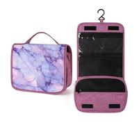 Neceser de viaje de mármol de lujo para mujer, organizador de maquillaje colgante con gancho para champú, color lila neón, dorado y blanco