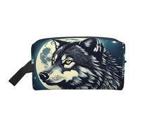 Neceser de viaje diario con estampado de lobo y luna, portátil, gran capacidad, con cremallera, bolsa de almacenamiento de cosméticos