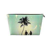 Neceser de viaje grande de cuero dorado - Bolsa organizadora de maquillaje portátil reutilizable con cremallera para parejas casadas caminando en la playa, Gold, Talla única
