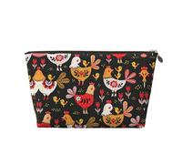 Neceser de viaje grande de cuero dorado - Bolsa organizadora de maquillaje portátil reutilizable con estampado de pollos de gallo con cremallera, Gold, Talla única