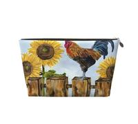 Neceser de viaje grande de cuero dorado - Bolsa organizadora de maquillaje portátil reutilizable con estampado de girasol y gallo vintage con cremallera, Gold, Talla única