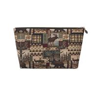 Neceser de viaje grande de cuero dorado - Bolsa organizadora de maquillaje portátil reutilizable con estampado de oso y ciervo con cremallera, Gold, Talla única