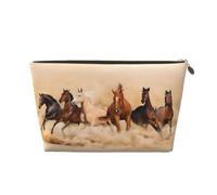 Neceser de viaje grande de cuero dorado, reutilizable, con estampado de caballo corriendo en el desierto, arena, tormenta, portátil, organizador de maquillaje con cremallera, Gold, Talla única