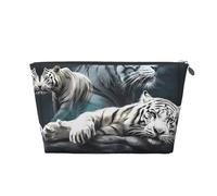 Neceser de viaje grande de cuero dorado, reutilizable, con estampado de muchos tigres blancos, organizador de maquillaje portátil con cremallera, Silver, Talla única