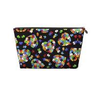 Neceser de viaje grande de cuero dorado - Reutilizable Concientización sobre el autismo piezas de rompecabezas de corazón impresión portátil cosméticos maquillaje bolsa con cremallera, Gold, Talla