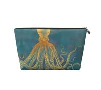 Neceser de viaje grande de cuero dorado, reutilizable, estampado de pulpo dorado, organizador de maquillaje portátil con cremallera, Gold, Talla única