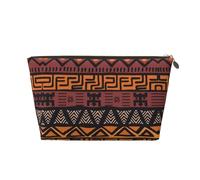 Neceser de viaje grande de cuero dorado, reutilizable, tela de barro africano, estampado tribal, portátil, organizador de maquillaje con cremallera, Gold, Talla única