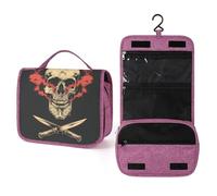 Neceser de viaje minimalista de calavera con humo rojo para mujer, organizador de maquillaje colgante con gancho para champú